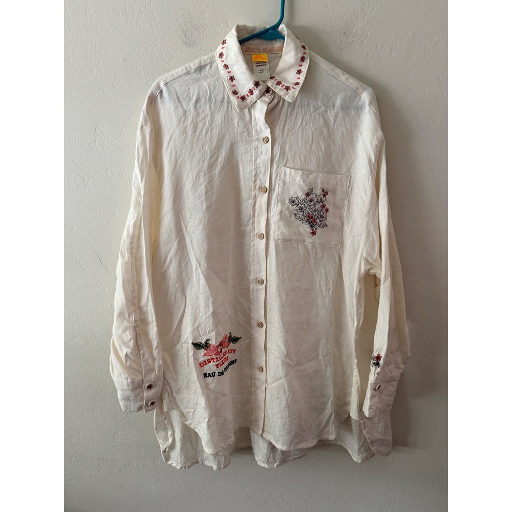 Agua Bendita Bendita Embroidered Linen Button Down Shirt Cream Floral M/L